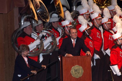  Dr. Moss speaks at Sounds of the Stadium (2004) in Kobcker Hall as Dr. Carol Hayward looks on (photo: Bill Hayward) 