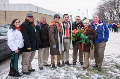  Dr. Moss with Dr. Hayward, Kathy Siebenaler Wilson, Guy Batterson, Brady Sark, and graduate assistants Dan Rodriguez, Nick Zoulek, and Chris Murphy, at Dr. Hayward's last home football game (Oct. 2014) (photo: Bill Hayward) 