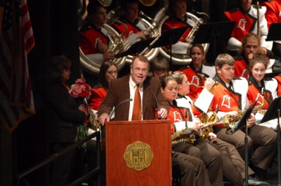  Dr. Moss speaks at Sounds of the Stadium in Kobcker Hall as Dr. Carol Hayward looks on (photo: Bill Hayward) 