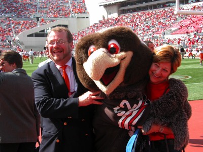  Dr. Moss and Dr. (Kathy) Moss with Frieda Falcon at the BGSU vs Ohio State game (fall, 2003) (photo: Bill Hayward) 