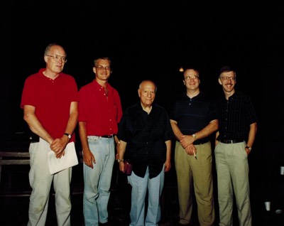 Tom Spain (PBS), Lauris Schissel (Lib. of Congress), William Revelli, Bruce Moss, and Jerry Rife. Pre-production for If You Knew Sousa documentary (1991) (photo: Debra Brubeck) 