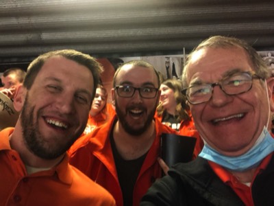  With Preston Ramsey and Ryan Williams. Ryan's wife Kat in background over his left shoulder. Alumni Band at BGSU Hockey (Feb. 2023) 